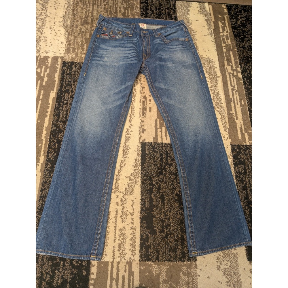 Vintage True Religion Men's Big T Jeans Red Stitch Blue Denim Fit 36x32 Y2K USA